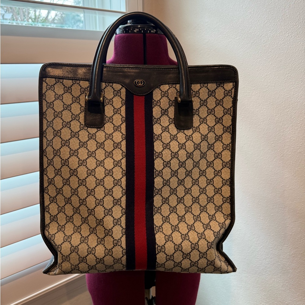 Gucci Blue Tote Bag with Iconic Monogram and Leather Handles